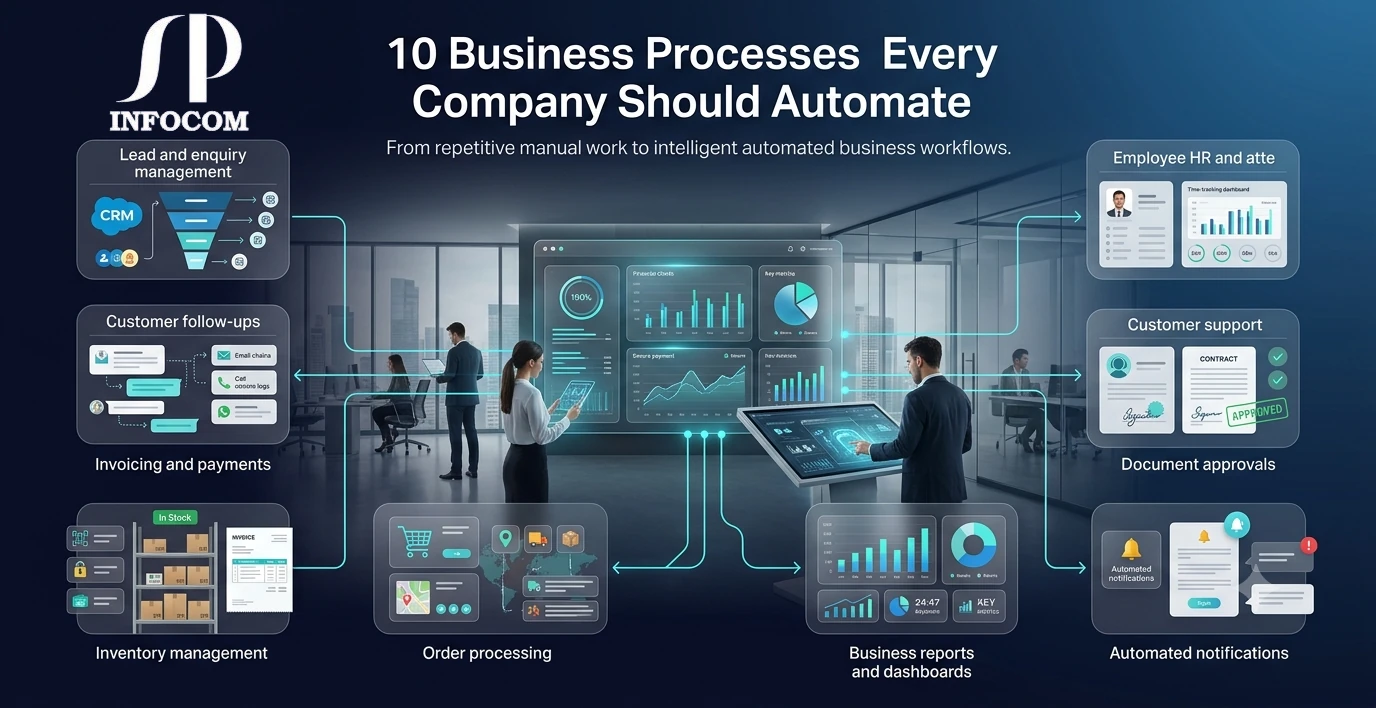 10 Business Processes Every Company Should Automate | SP Infocom Business process automation showing lead management, payments, inventory, HR, customer support, reporting and automated workflows by SP Infocom