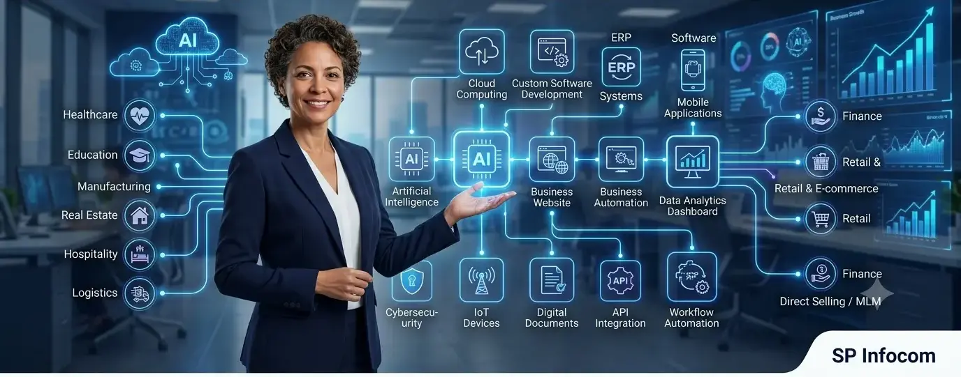 Digital transformation for small and medium businesses showing AI, cloud computing, ERP, CRM, business automation, mobile apps, data analytics and custom software solutions by SP Infocom.